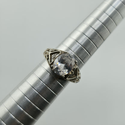 Sterling Silver 925 Large Clear Stone Ring Filigree Heart Vintage Size 7.5