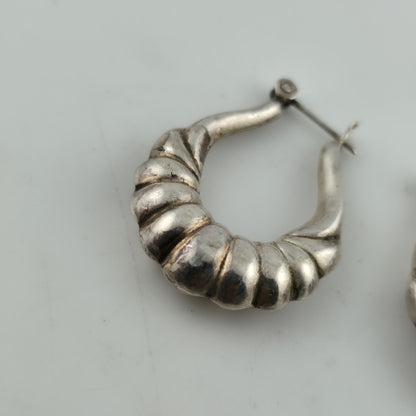 Sterling Silver Earrings Ribbed Latch Hoop Marked 925 Vintage Patina 1.3"