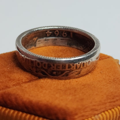 1964 Quarter Dollar Coin Ring Size 8 90% Silver Handmade Ring Tested USA Vintage