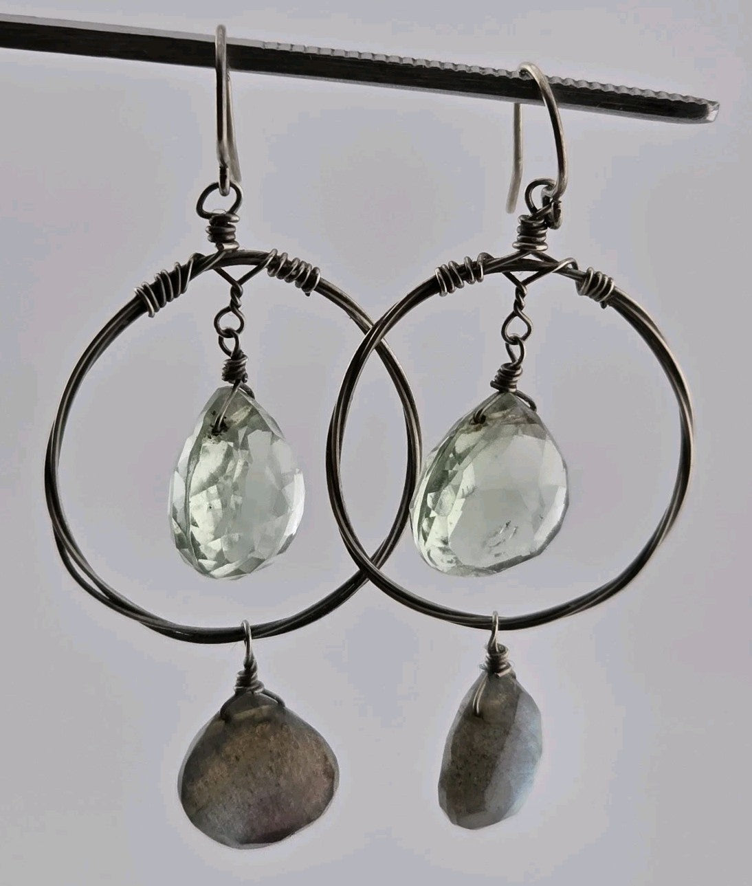 Vintage Earrings Green Ish Clear Stones Circle Dangle Sterling Silver 925