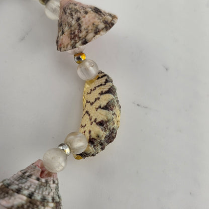 Sea Shell Bead Necklace Pink Green Gold Boho Tribal Ethnic Vintage 16 Inches