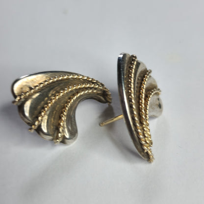 925 Sterling Silver 14k Gold Earrings Twisted Rope Wave wings fans Post Vintage