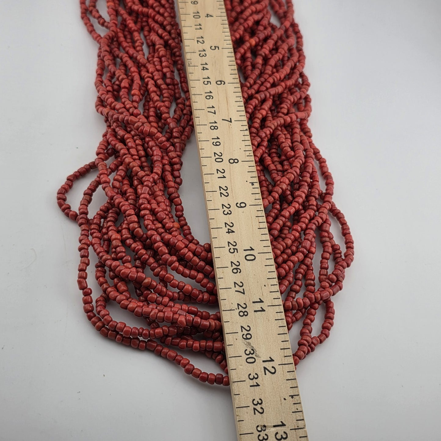 Dark Red Glass Bead Multistrand, Layered Necklace With Wooden Square Closure