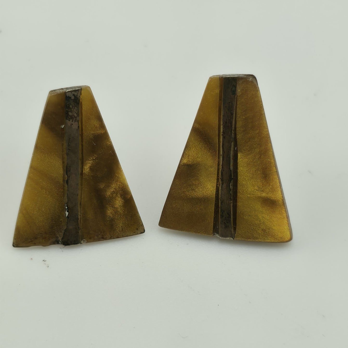Sterling Silver Carved Gold Tone Stone Triangle Shield Earrings Vintage MCM