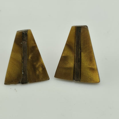 Sterling Silver Carved Gold Tone Stone Triangle Shield Earrings Vintage MCM