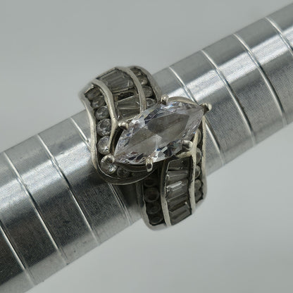 Sterling Silver Ring Marquise Clear Stone Baguette Design Size 6.75 Vintage 925