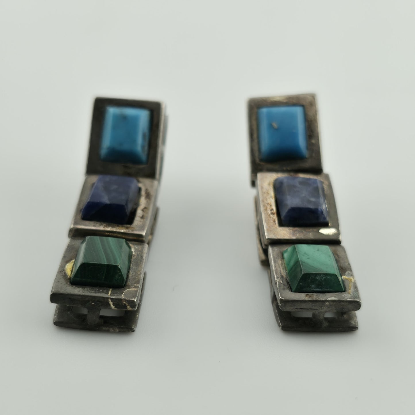 Sterling Silver Earrings Turquoise Malachite Lapis Taxco Drop Post Vintage