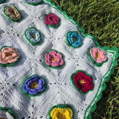 Vintage 70s Handmade 3D Rose Afghan Throw Blanket Granny 35x48 Floral Crochet