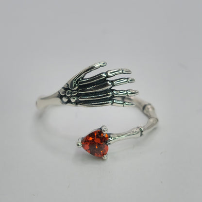 Gothic Skeleton Hand Ring Red Heart CZ 925 Sterling Silver Love Witch Adjustable