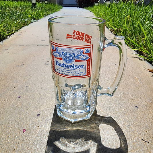 Budweiser “This Bud’s For You” Heavy Glass Beer Mug – Vintage 8" Tall