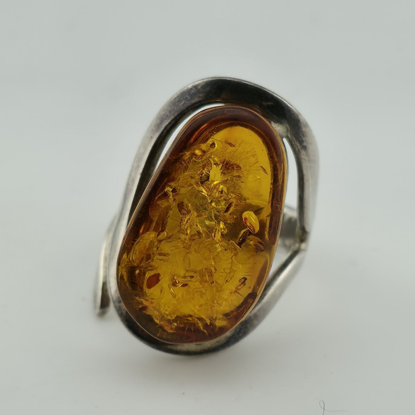 Vintage Ring MCM Sterling Silver Natural Honey Amber Unique Abstract Adjustable