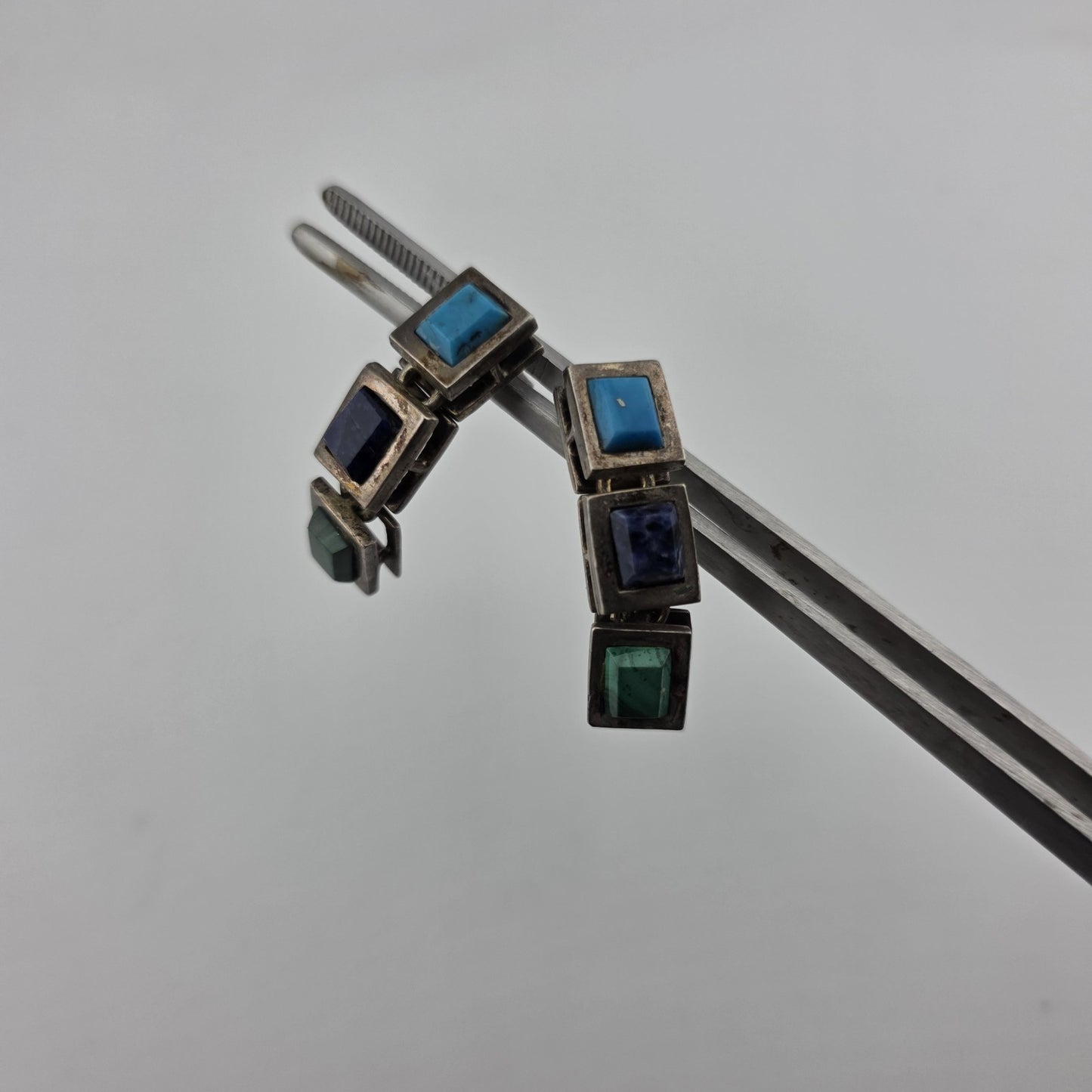 Sterling Silver Earrings Turquoise Malachite Lapis Taxco Drop Post Vintage
