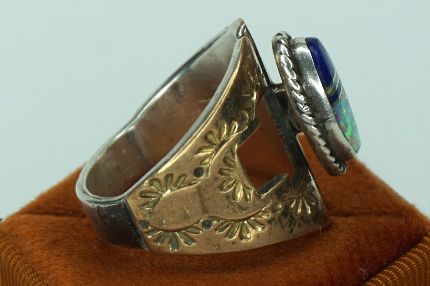 Larry Pacheco Vintage Ring  7 Sterling Silver Copper Lapis Opal Inlay Southwest