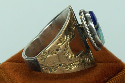 Larry Pacheco Vintage Ring  7 Sterling Silver Copper Lapis Opal Inlay Southwest