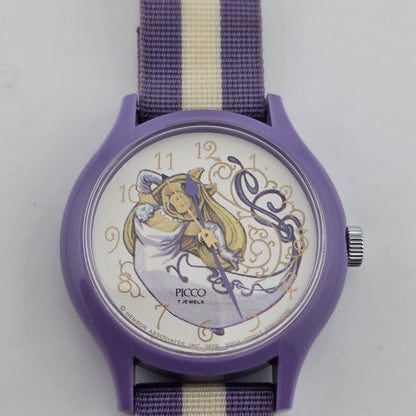 Picco Ms Piggy Watch Women Purple White Round Nylon Band Manual Wind Vintage