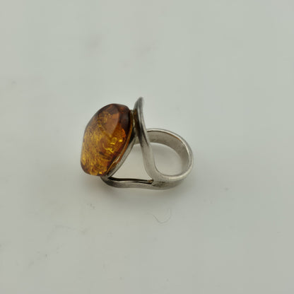 Vintage Ring MCM Sterling Silver Natural Honey Amber Unique Abstract Adjustable