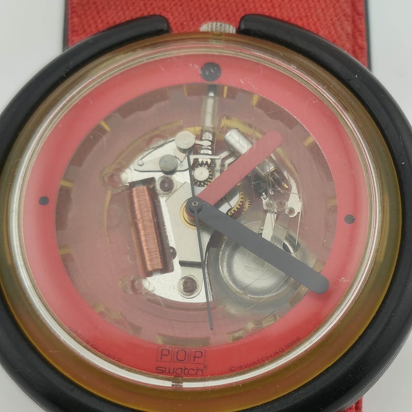 Vintage Swatch Pop Watch 1988 Red Band Skeleton Transparent Dial Rare New Batter