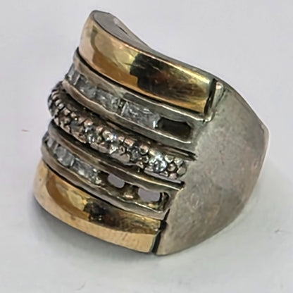 925 Sterling Silver 14K Gold Ring FG Missing Stones Bold Art Deco size 8.5
