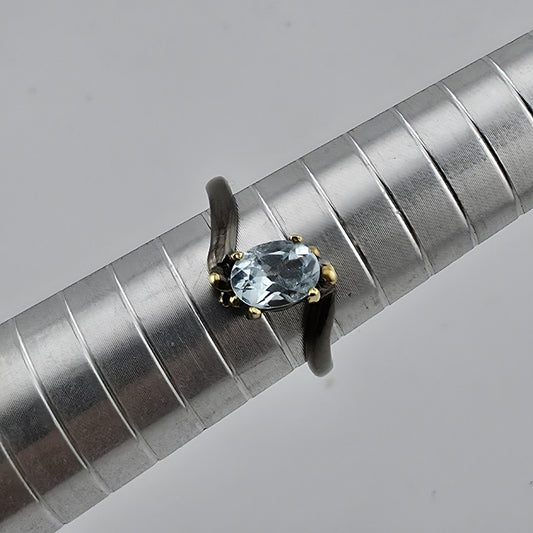Natural Blue Topaz Ring 925 Sterling Silver Size 7 Black Oxidized Two-Tone
