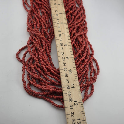 Dark Red Glass Bead Multistrand, Layered Necklace With Wooden Square Closure