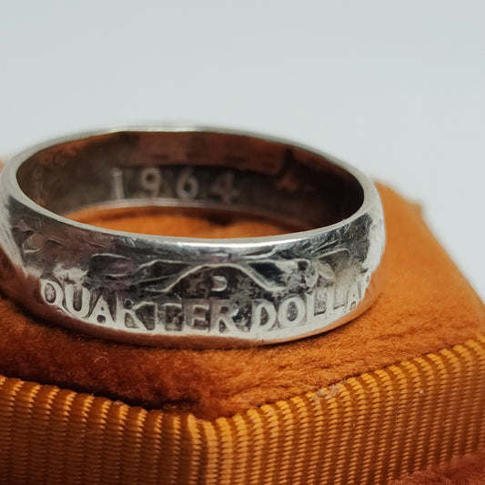 1964 Quarter Dollar Coin Ring Size 8 90% Silver Handmade Ring Tested USA Vintage