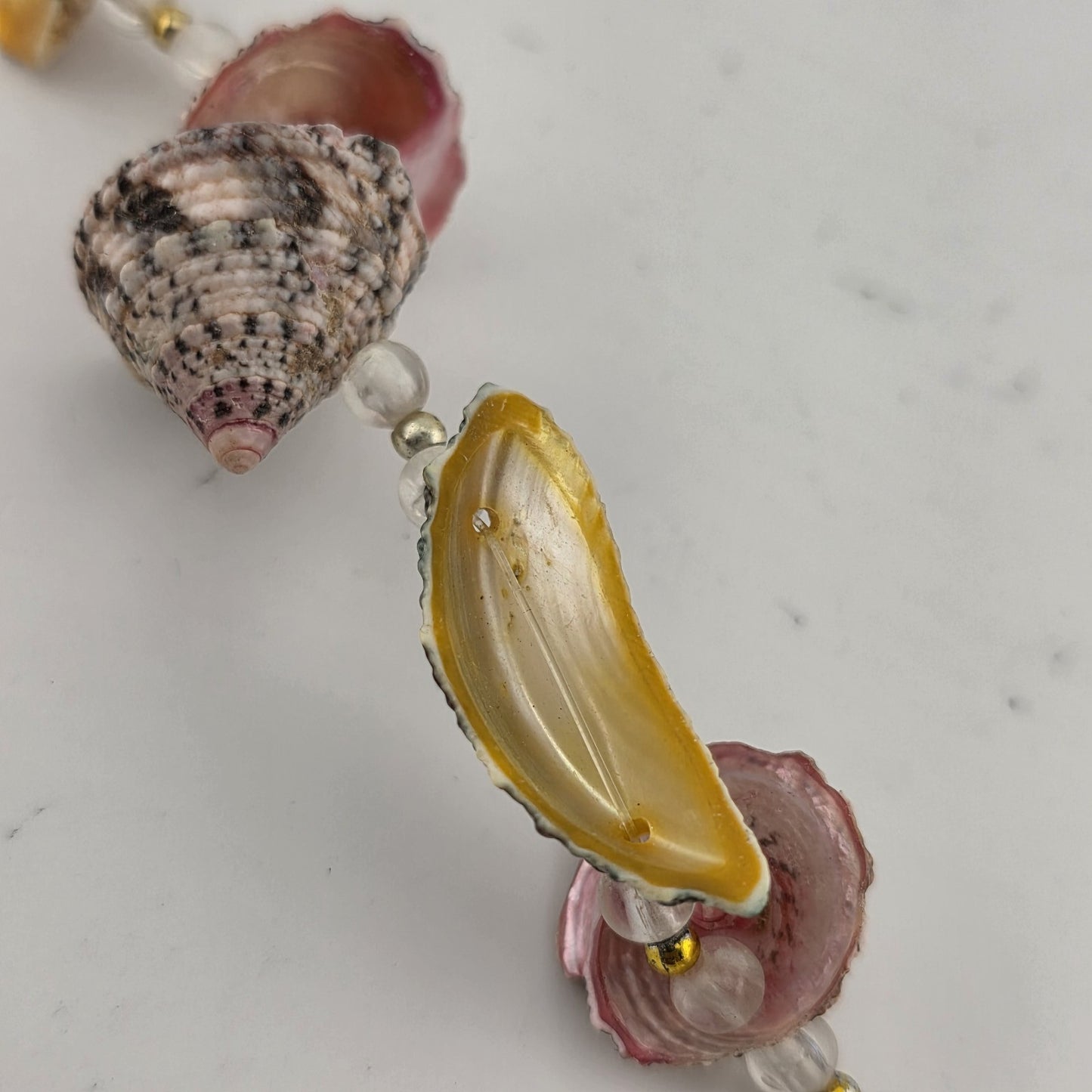 Sea Shell Bead Necklace Pink Green Gold Boho Tribal Ethnic Vintage 16 Inches