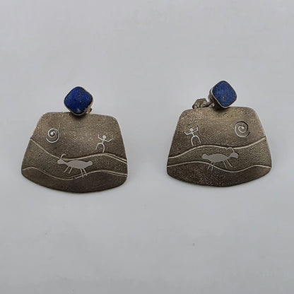 Sterling silver lapis lazuli Earrings petroglyph Native Southwestern Vintage