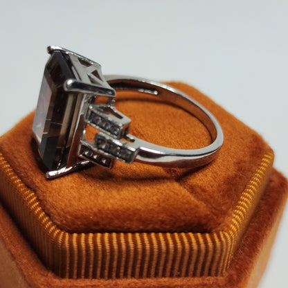 Smoky Quartz Sterling Silver Ring Art Deco Size 8 925 Statement Jewelry