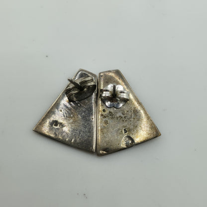 Sterling Silver Carved Gold Tone Stone Triangle Shield Earrings Vintage MCM