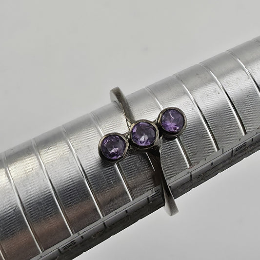 925 Sterling Silver Natural Amethyst Triple Stone Ring Size 6.25 Minimalist