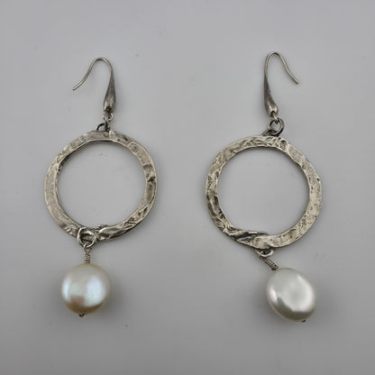 Sterling Silver Earrings Hammered Textured Hoops Dangle Freshwater Pearls 925