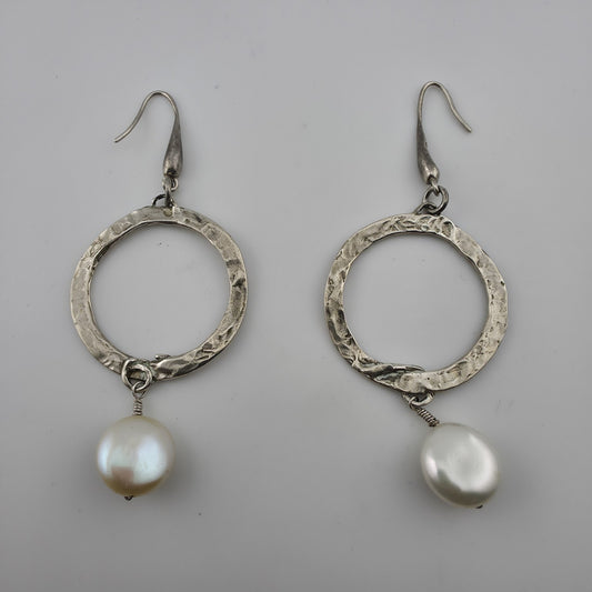Sterling Silver Earrings Hammered Textured Hoops Dangle Freshwater Pearls 925
