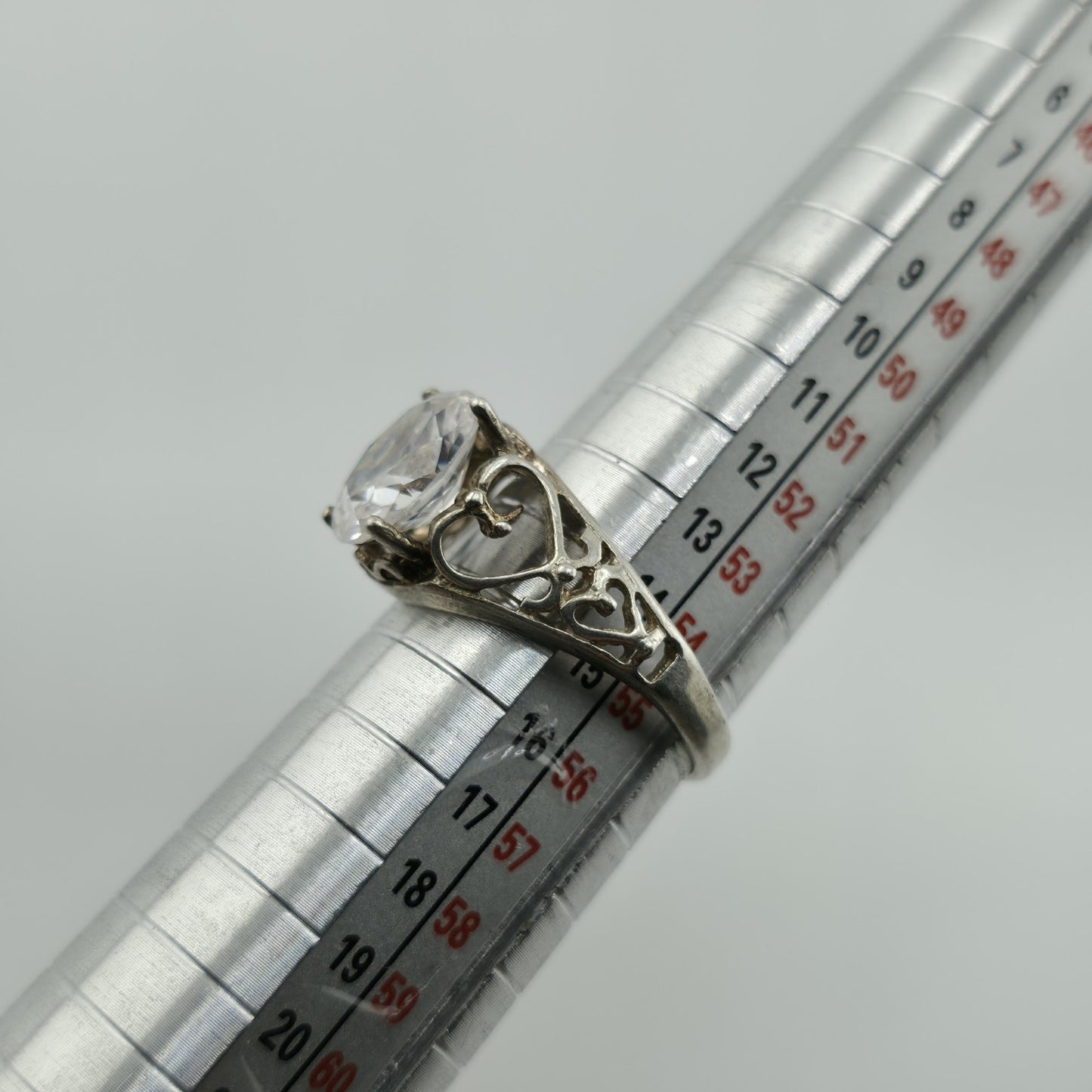 Sterling Silver 925 Large Clear Stone Ring Filigree Heart Vintage Size 7.5