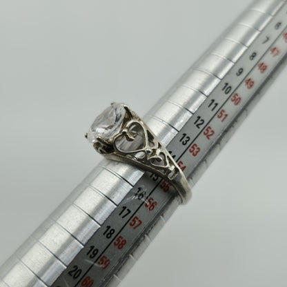 Sterling Silver 925 Large Clear Stone Ring Filigree Heart Vintage Size 7.5