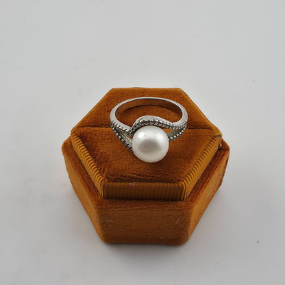 Sterling Silver Pearl Cubic Zirconia Swirl Halo Bypass Ring Size 7.75