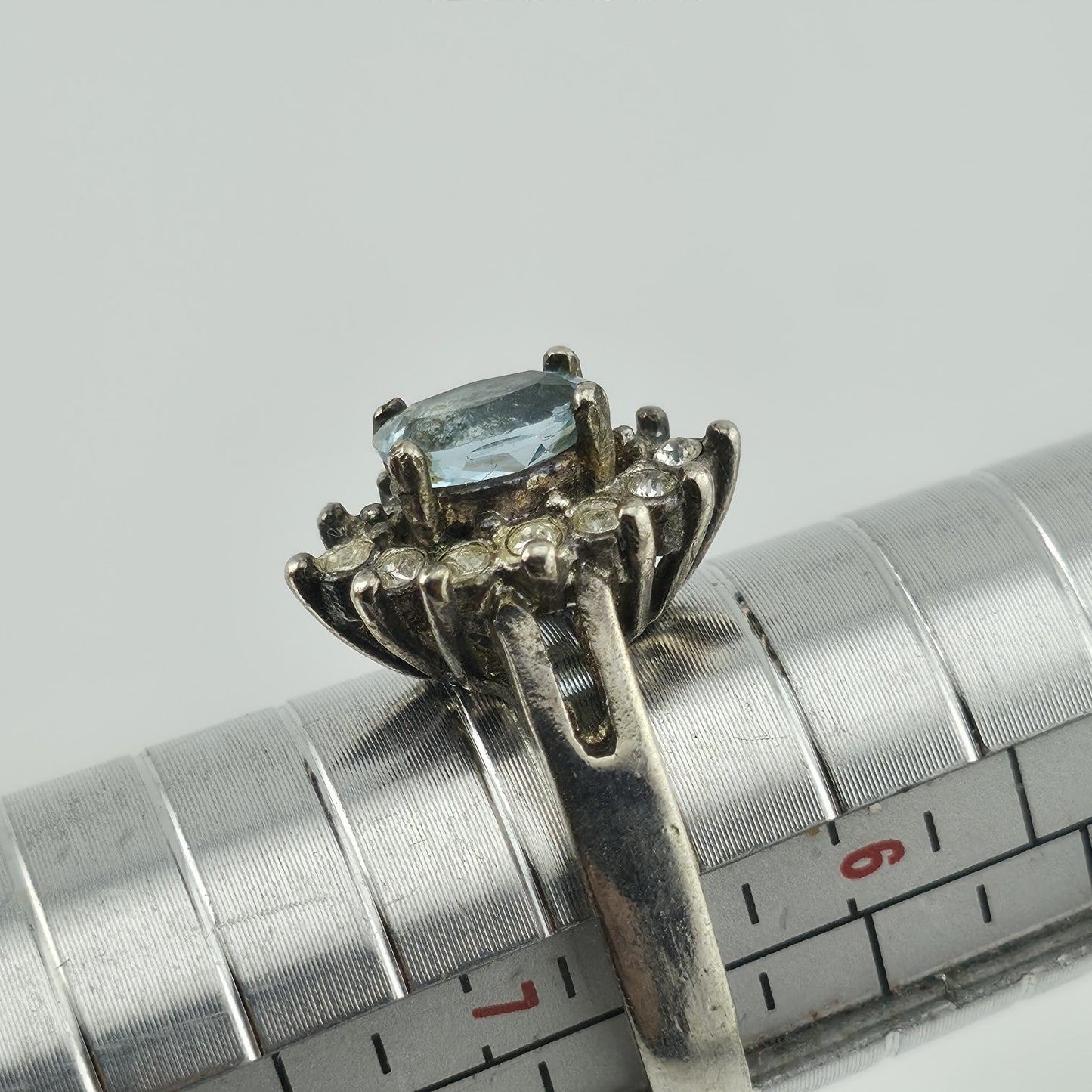 Sterling Silver Ring 925 Blue Topaz White Cz Stones Halo Size 6.75