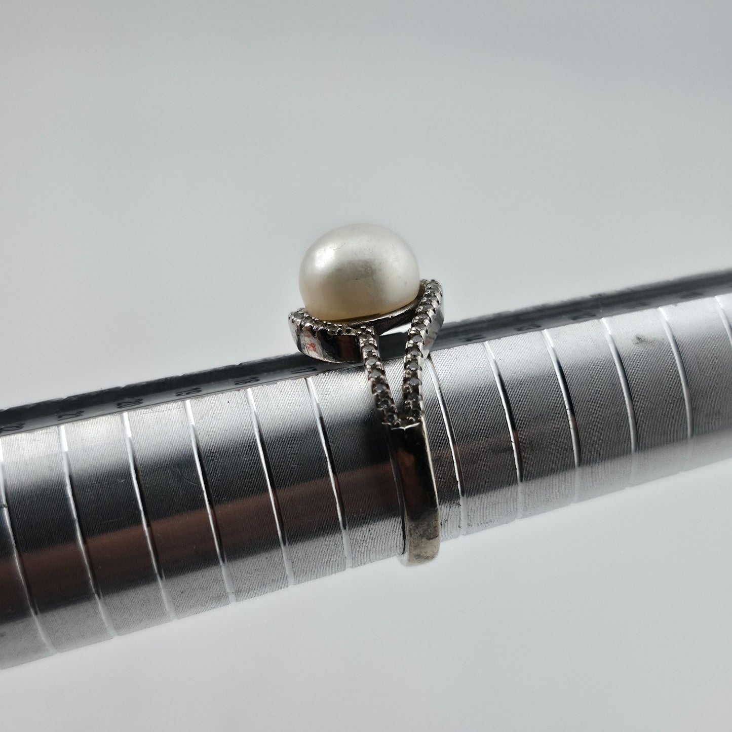 Sterling Silver Pearl Cubic Zirconia Swirl Halo Bypass Ring Size 7.75