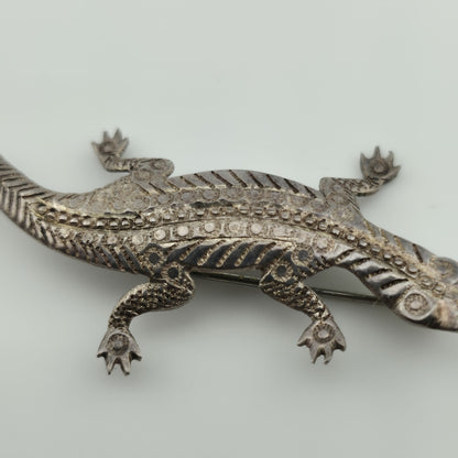 Sterling Silver 925 Lizard Pin Brooch 2.7" Patina Vintage Animal Jewelry