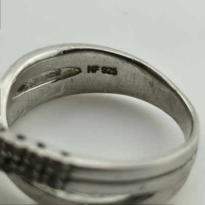 NF Sterling Silver Ring 925 Intertwined Crossover white black Stones Size 7