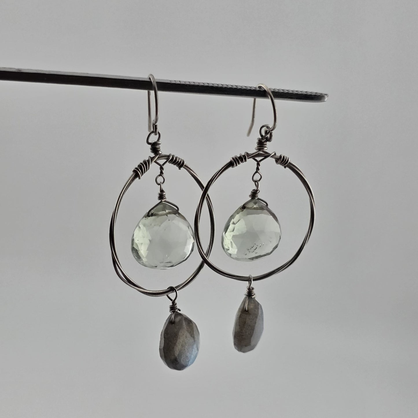 Vintage Earrings Green Ish Clear Stones Circle Dangle Sterling Silver 925