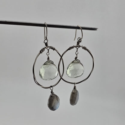 Vintage Earrings Green Ish Clear Stones Circle Dangle Sterling Silver 925