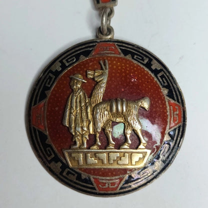 Peruvian Sterling Silver 925 PMD Enamel Llama Medal Keychain Vintage Red