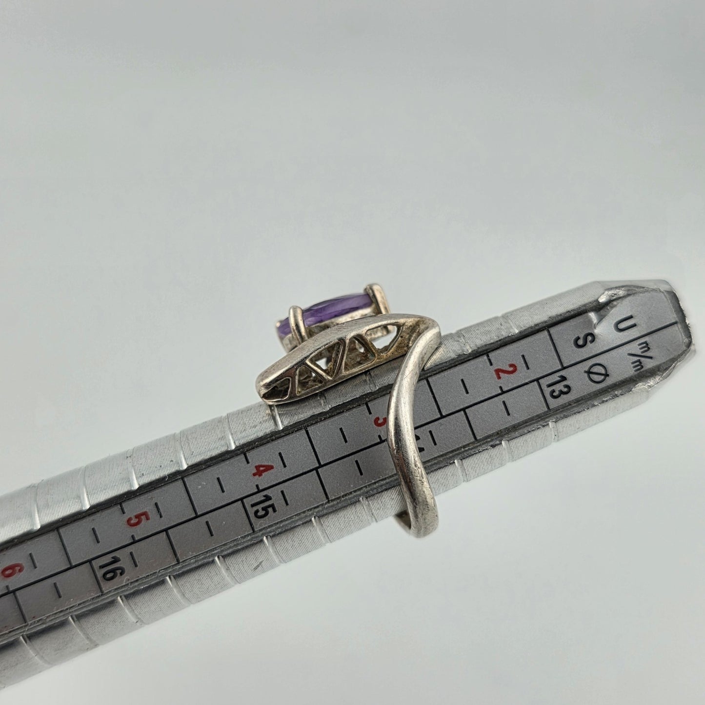 925 Sterling Silver Ring Pear Cut Amethyst Unique Modernist 3.25 Vintage Artisan