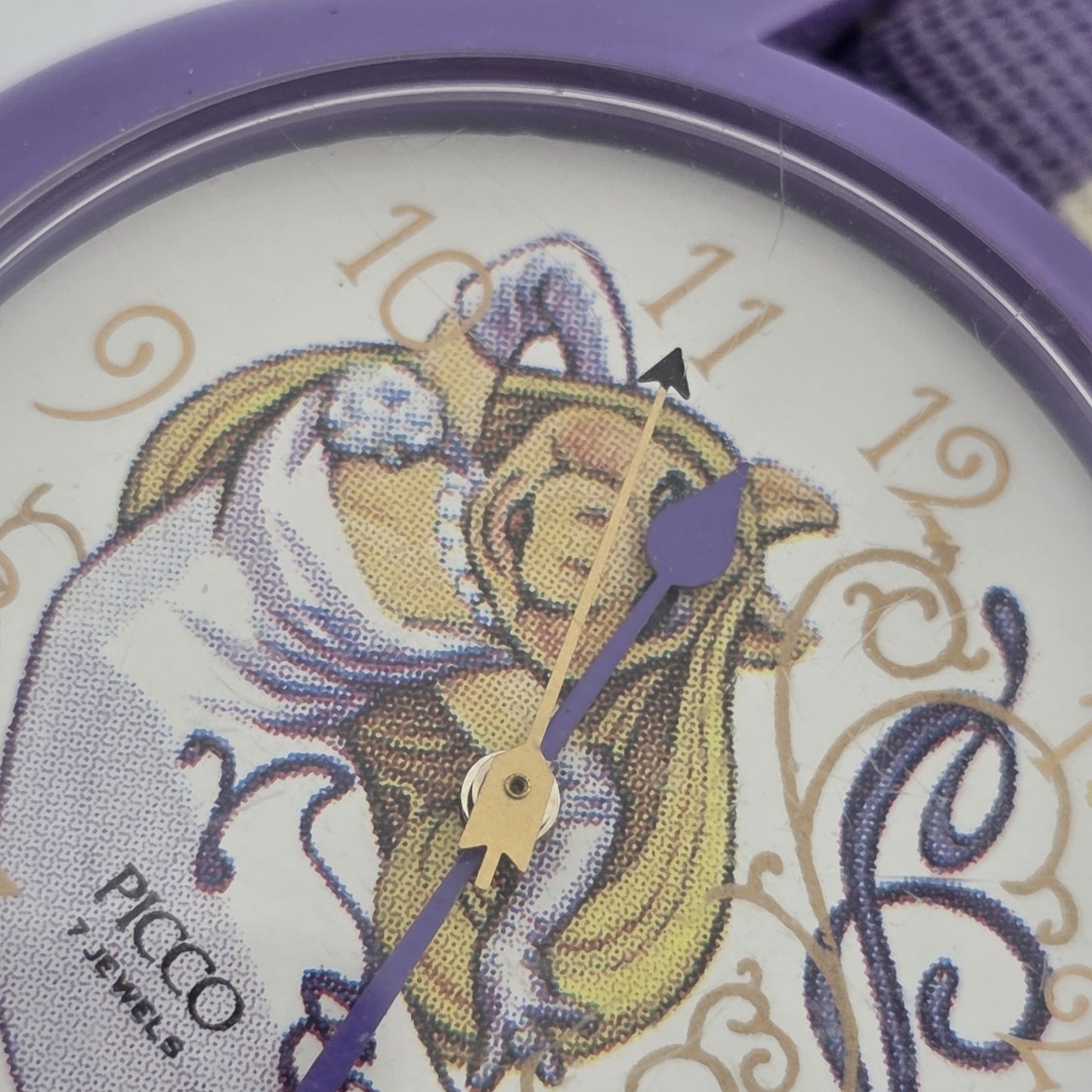 Picco Ms Piggy Watch Women Purple White Round Nylon Band Manual Wind Vintage