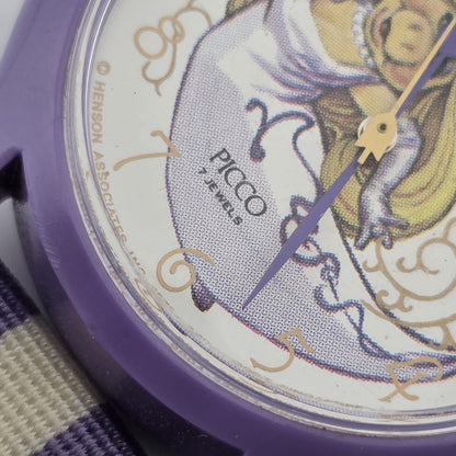 Picco Ms Piggy Watch Women Purple White Round Nylon Band Manual Wind Vintage