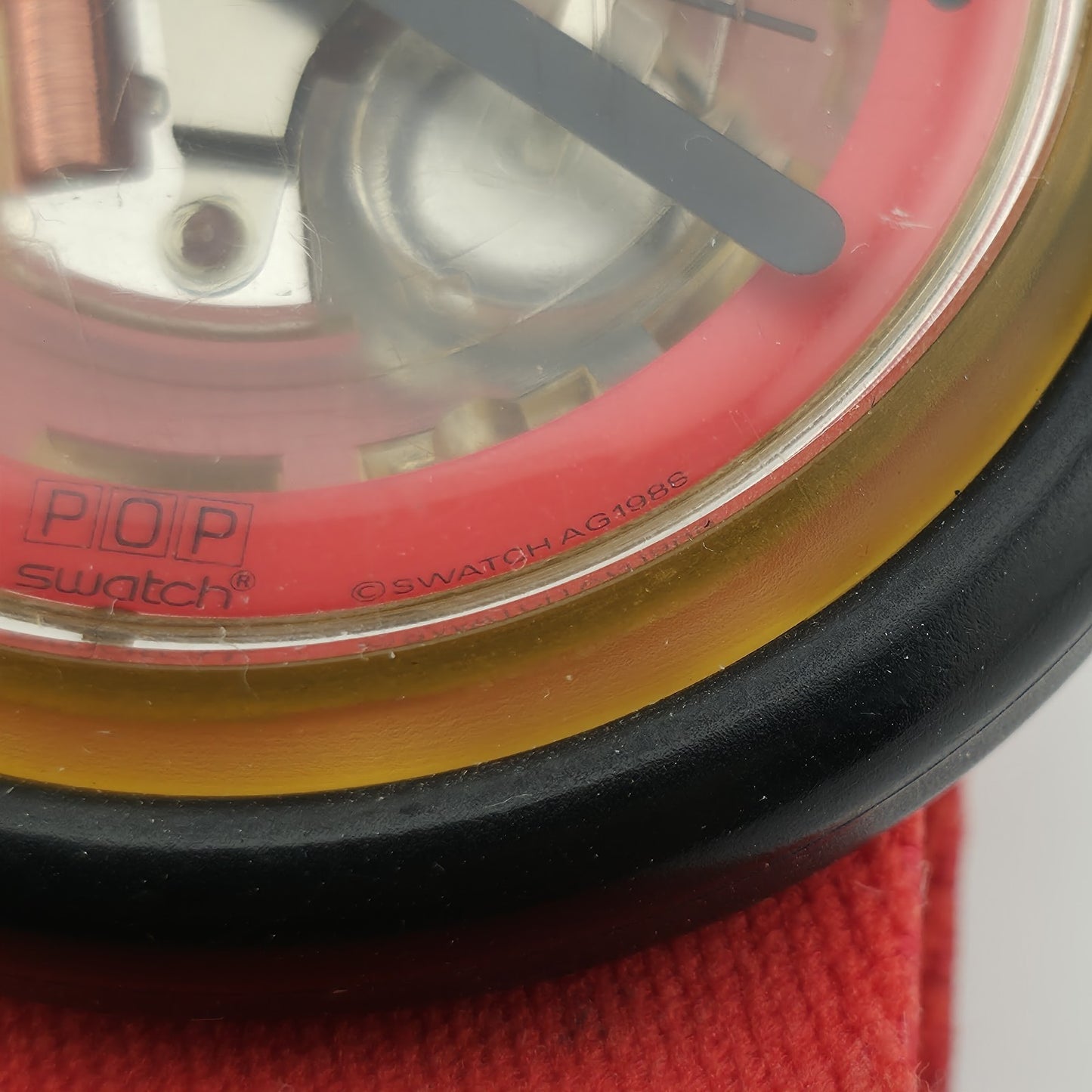 Vintage Swatch Pop Watch 1988 Red Band Skeleton Transparent Dial Rare New Batter