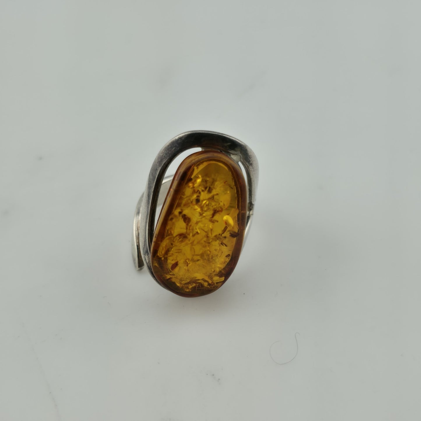 Vintage Ring MCM Sterling Silver Natural Honey Amber Unique Abstract Adjustable