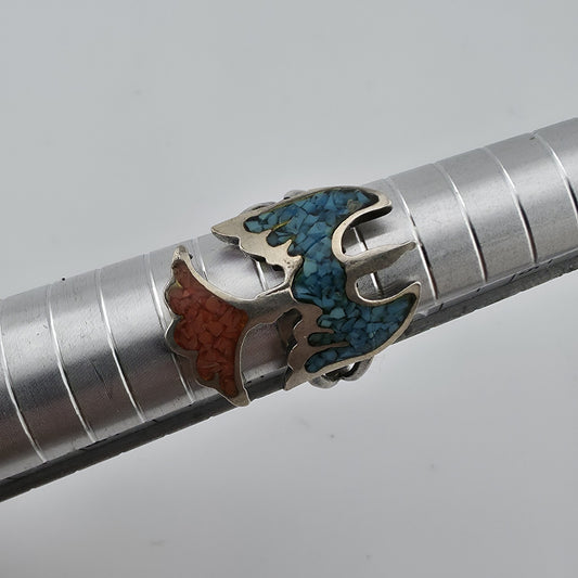 STERLING SILVER Ring TURQUOISE Red CORAL CHIPS EAGLE SOUTHWEST SZ 5.50 Vintage