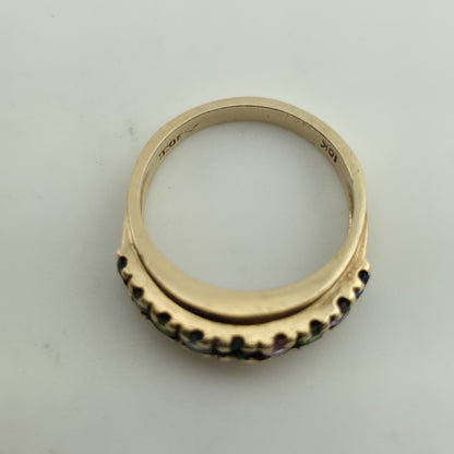 10k Yellow Gold Ring 9 Stones Rainbow Mothers Grandmother Mom Size 6 HOF Vintage