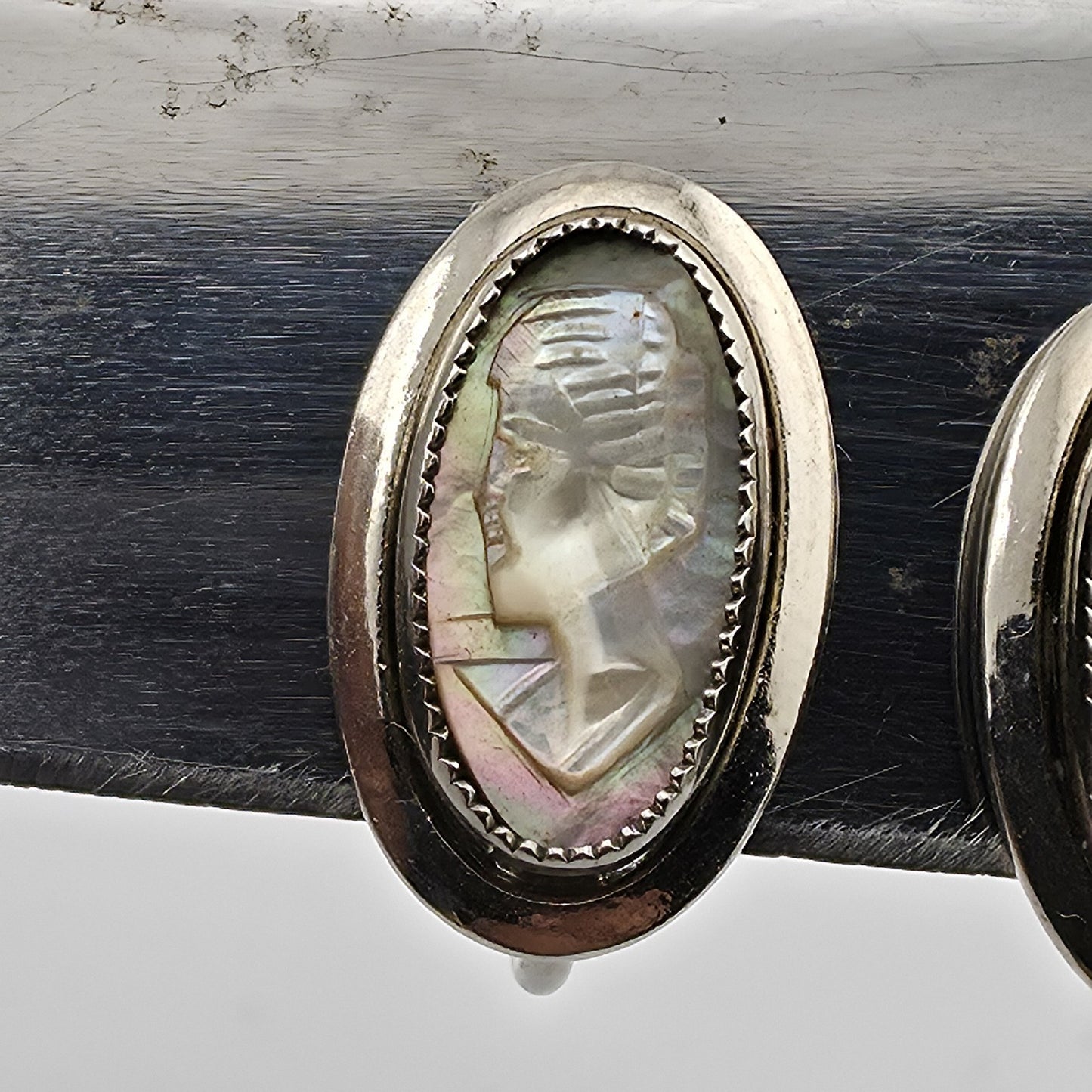 SARAH COVENTRY Cameo Earrings 925 Sterling Silver Art Deco Abalone Shell 1969